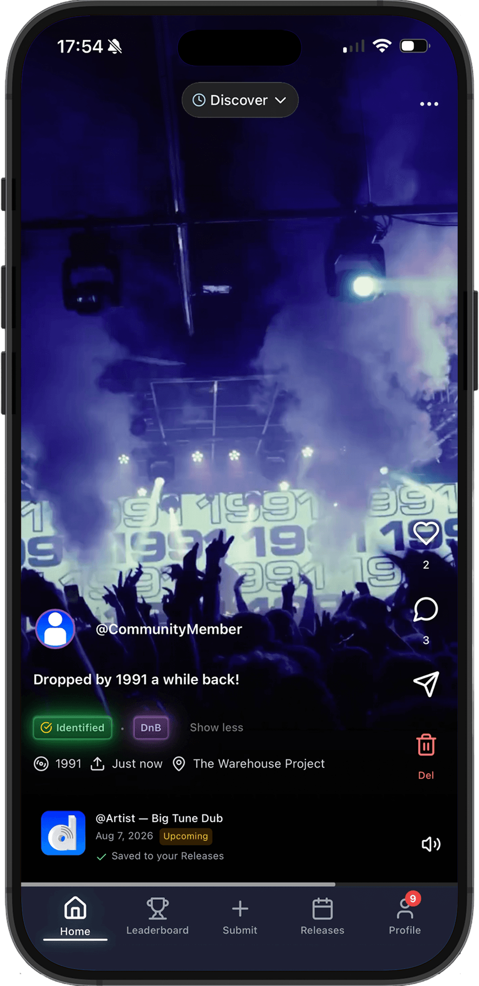 Artist discovery feed on dub hub — clips from DJ sets, festivals and mixes featuring your music