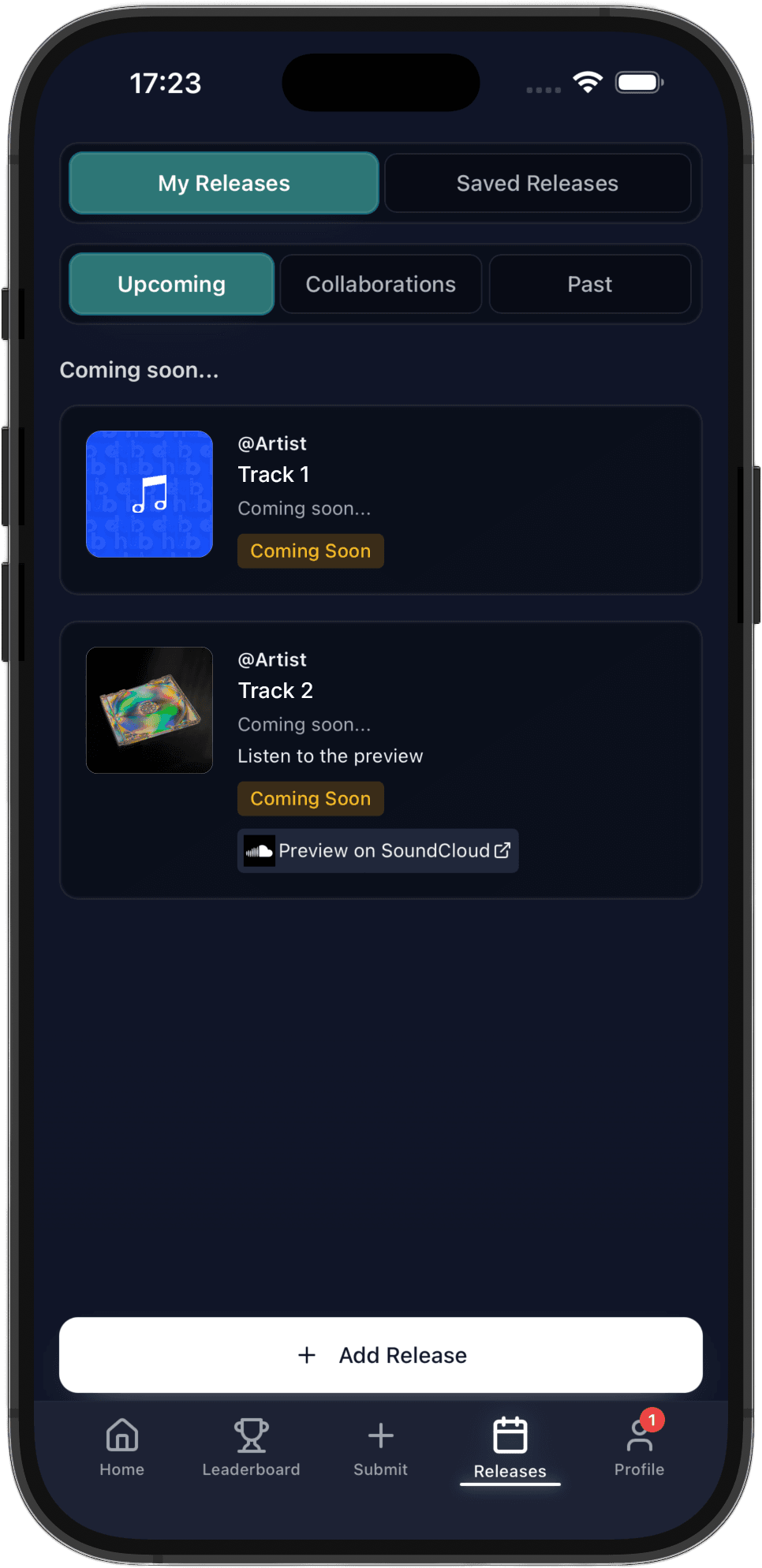 Releases library on dub hub — saved and upcoming tracks with release status